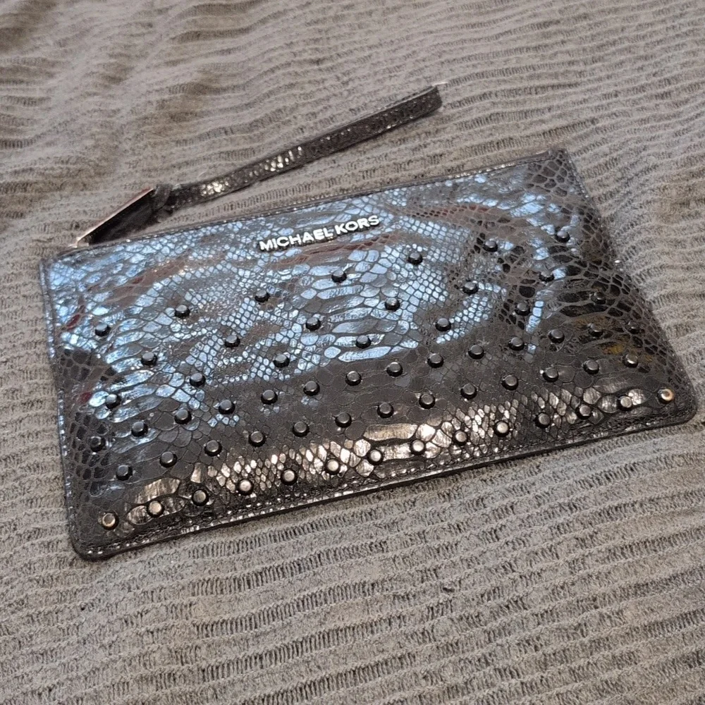 Michael Kors Rhea Black Embossed Snake-Print Clutch‎ Bag Pouch Python